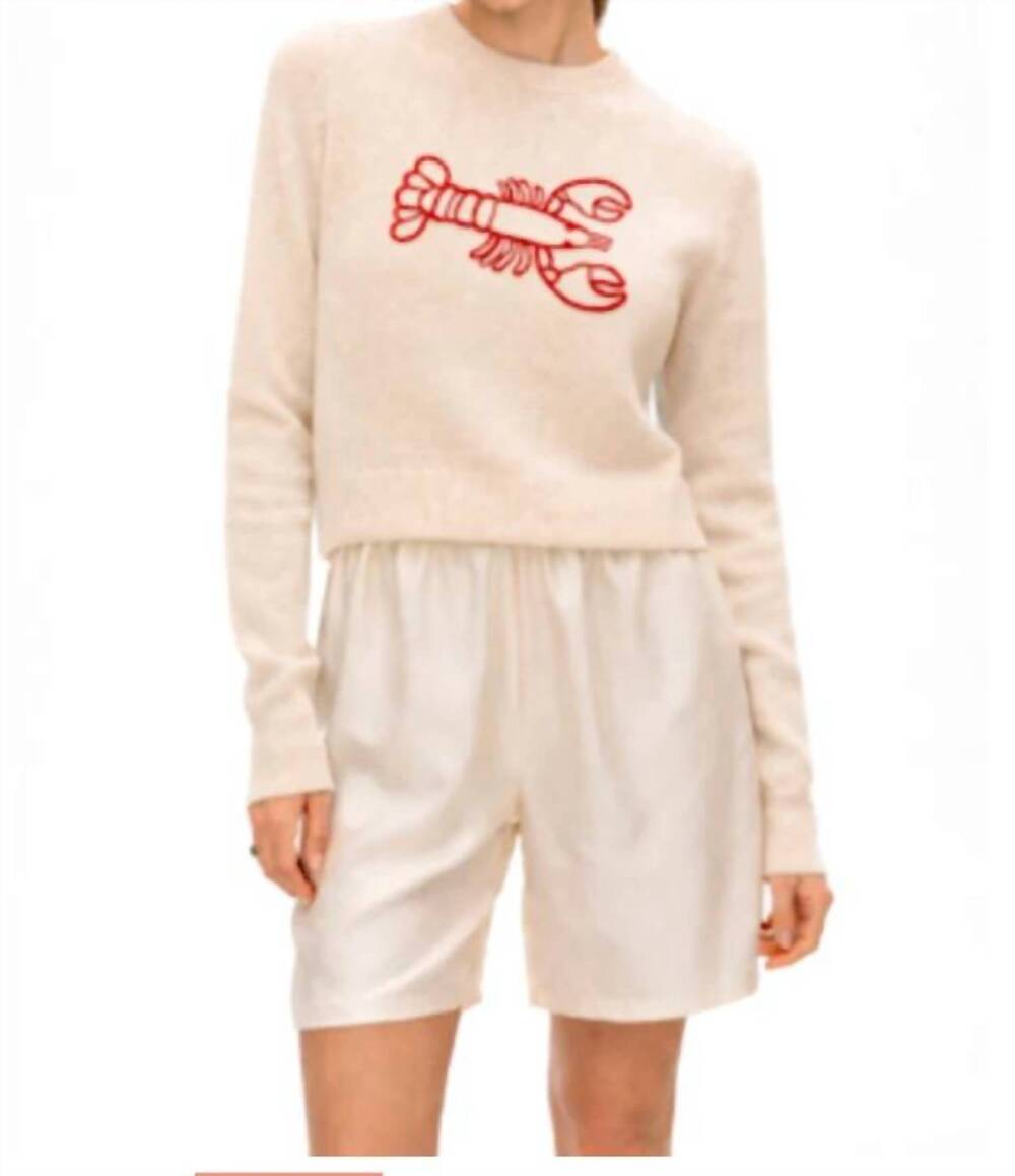 NEW WHITE + WARREN lobster crewneck cashmere embroidered sweater in beige